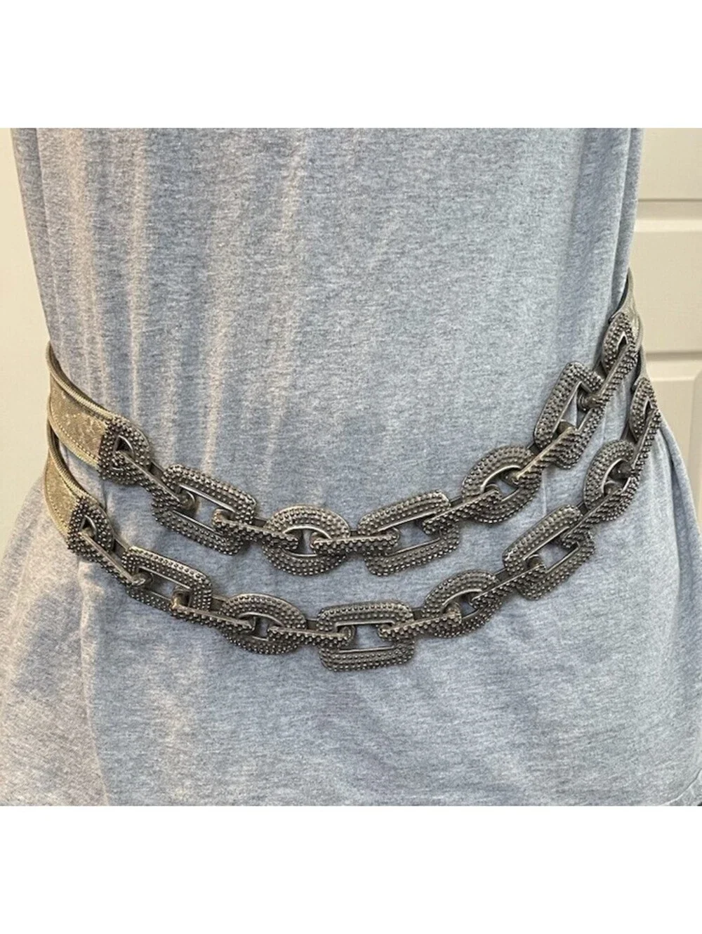 Streets Ahead Belt Vtg Silver Tone Metal Floral Mesh & Chain Links Leather 28-30